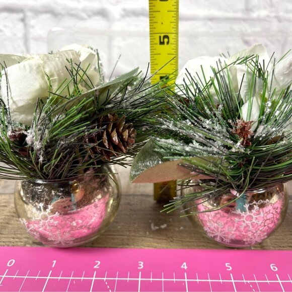 White Flower Rose Pine Mercury Glass Ornament Vases Winter Holiday 3 Pc Set NEW - Picture 10 of 11